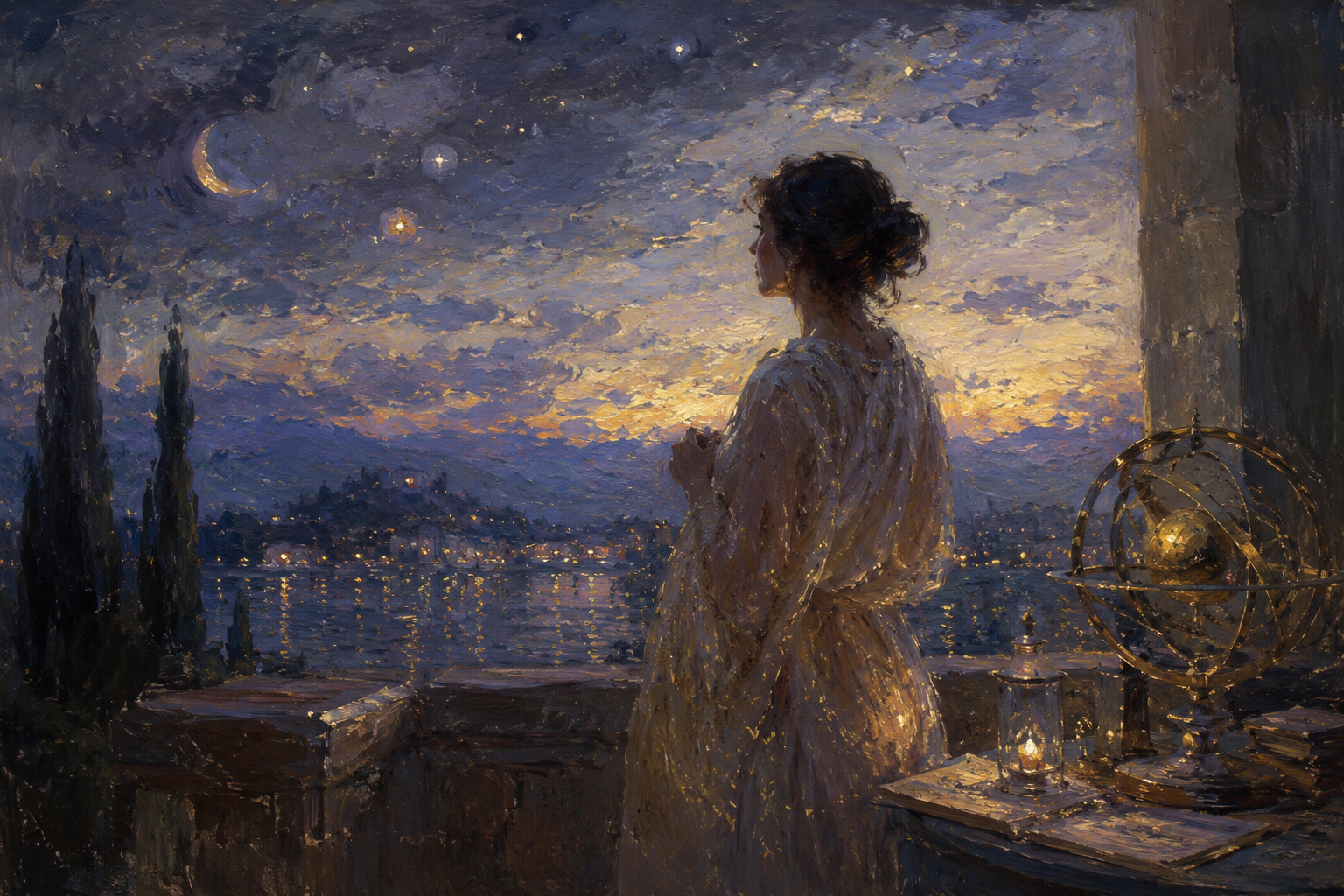 Moonlit editorial astrology scene with scientific instruments and a contemplative night-sky mood